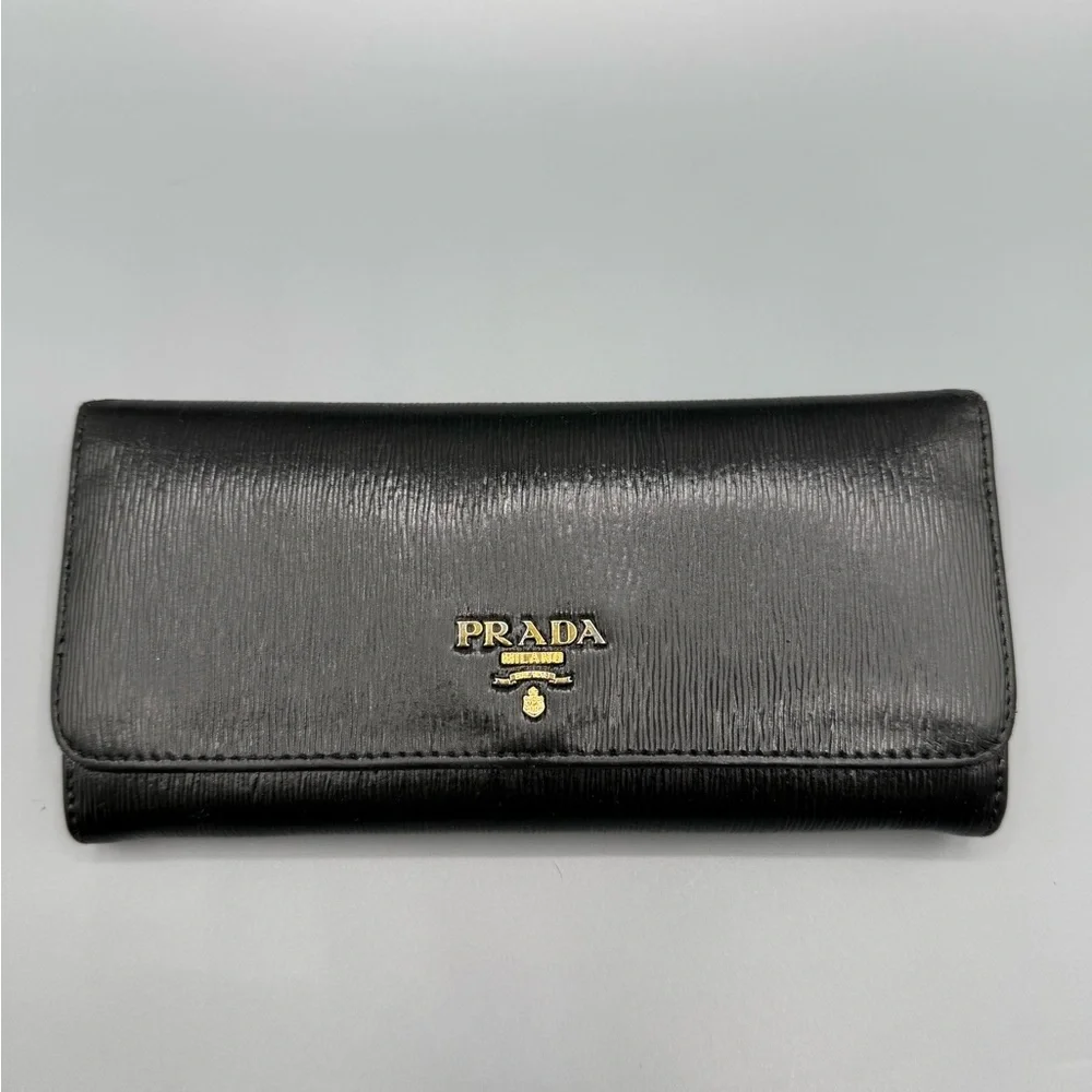 Authentic Prada Black Saffiano Metal Leather Wallet with Gold Hardware